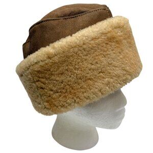Shearling Suede Leather Hat Size Large Chestnut Brown